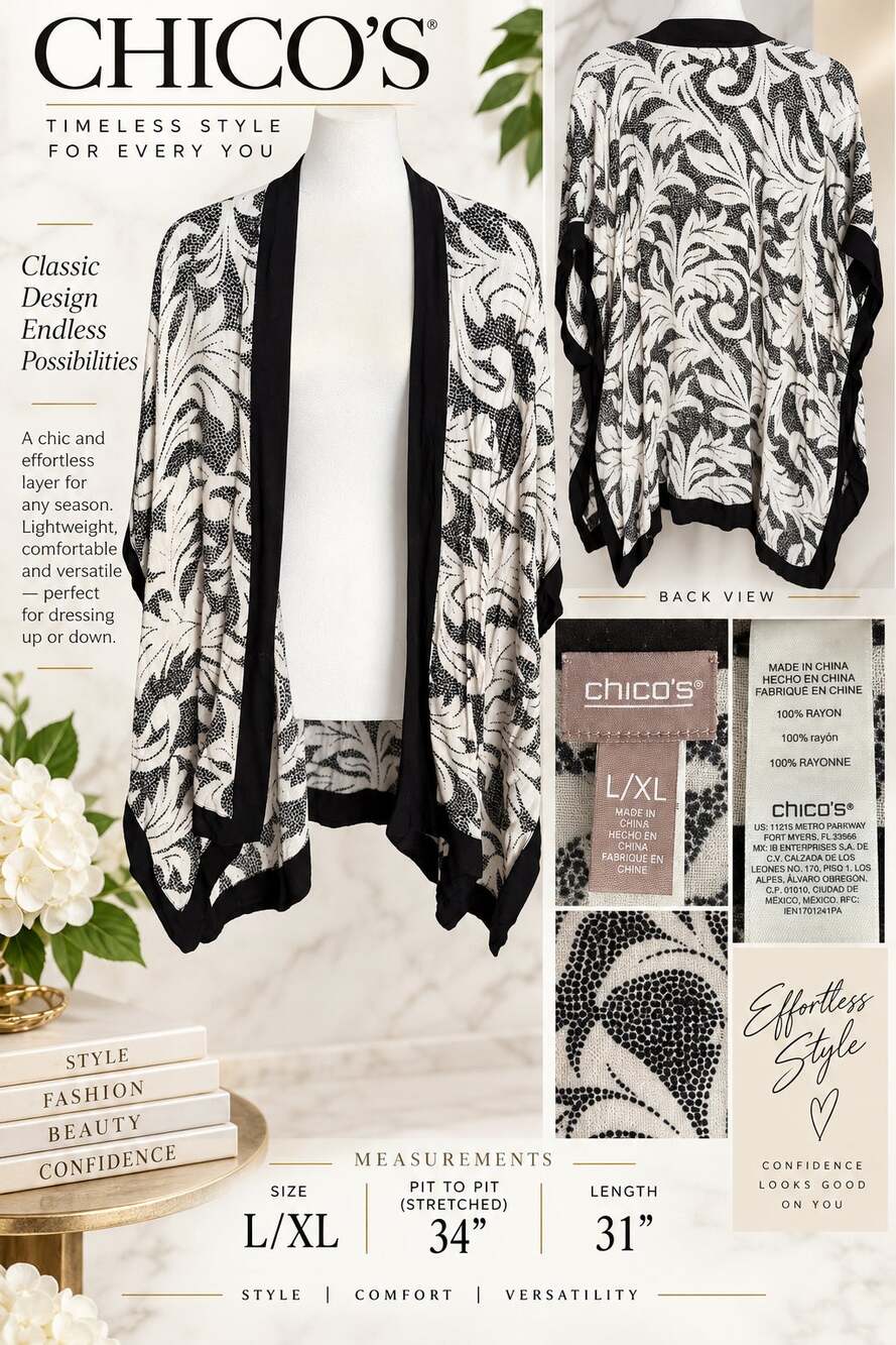 Chico's Kimono*Baroque Style*Black & White*L/XL